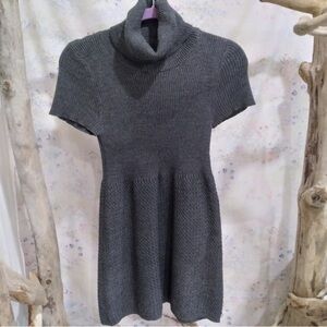 Turtleneck Knit Short-Sleeve Sweater Dress - Charcoal